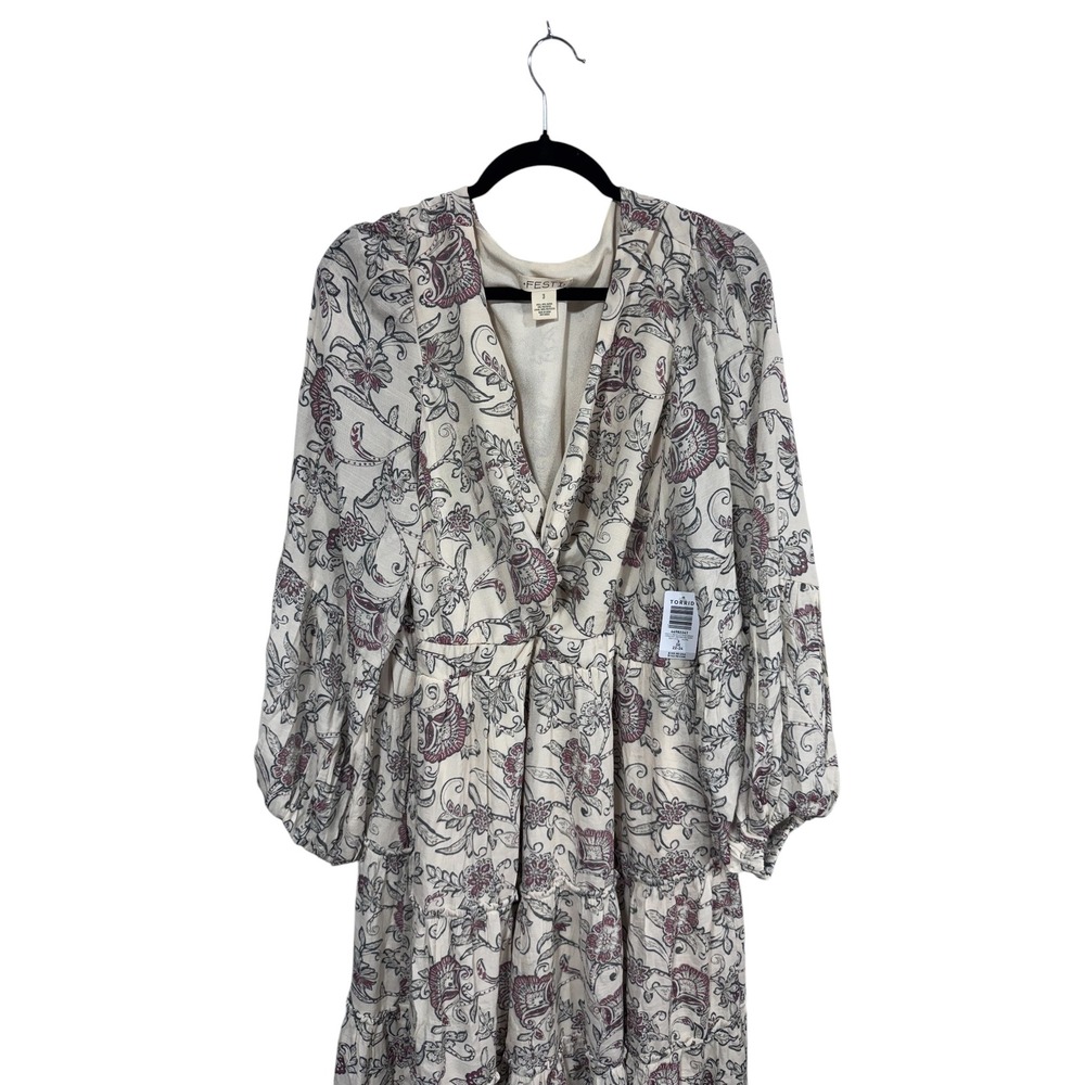 Torrid Women's 3X Ivory Maxi Dress Festi V Neck Jacobean Floral Long Sleeve New - Picture 4 of 7